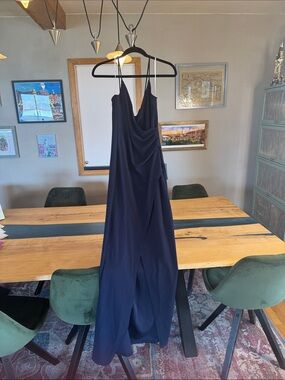 Lulu's Navy Draped Maxi Slip Dress with Spaghetti Straps